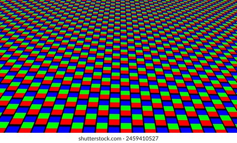 RGB Screen Pixels Pattern In Perspective. Analog Display Television. Close Up Screen Texture. Macro of LCD Computer Screen Displaying Pure RGB Pixels. Red Green Blue LED Panel. Vector Illustration.