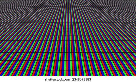 RGB Screen Pixels Perspective Background. Analog Display Television. Close Up Screen Texture. Macro of LCD Computer Screen Displaying Pure RGB Pixels. Red Green Blue LED Panel. Vector Illustration.