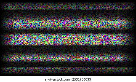 RGB TV static noise background. Glitch pixel television screen. Lost or bad TV signal VHS video with black stripes wallpaper. White noise grain. CRT tv screen with interferences and glitches. Vector