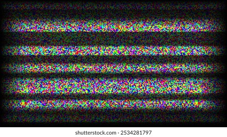 RGB TV, statischer Hintergrund. Glitch Pixel TV-Bildschirm. Schlechtes oder verlorenes TV-Signal VHS-Video mit schwarzen Streifen Tapete. Weißes Rauschkorn. CRT-TV-Bildschirm mit Störungen und Störungen. Vektorgrafik