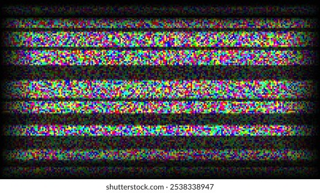 RGB TV static noise background. Glitch bw pixelated television screen. Lost or bad TV signal VHS video with black stripes wallpaper. CRT screen with interferences or glitches. Vector white noise grain