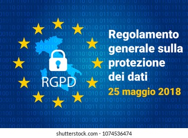RGDP - italian text: Regolamento generale sulla protezione dei dati. Italy map. GDPR - General Data Protection Regulation. Italy map. Vector illustration
