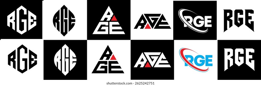 RGE letter logo design in six style. RGE polygon, circle, triangle, hexagon, flat and simple style with black and white color variation letter logo set in one artboard. RGE minimalist and classic logo