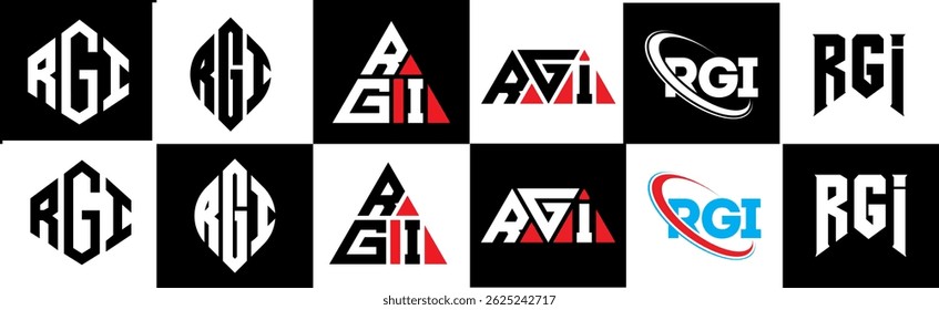 RGI letter logo design in six style. RGI polygon, circle, triangle, hexagon, flat and simple style with black and white color variation letter logo set in one artboard. RGI minimalist and classic logo