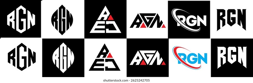 RGN letter logo design in six style. RGN polygon, circle, triangle, hexagon, flat and simple style with black and white color variation letter logo set in one artboard. RGN minimalist and classic logo