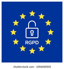 RGPD ist DSGVO: allgemeine Datenschutzbeziehung in Französisch, Italienisch, Spanisch. Vektorgrafik.