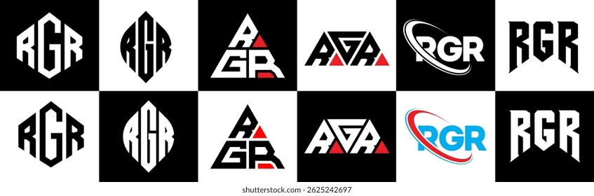 RGR letter logo design in six style. RGR polygon, circle, triangle, hexagon, flat and simple style with black and white color variation letter logo set in one artboard. RGR minimalist and classic logo