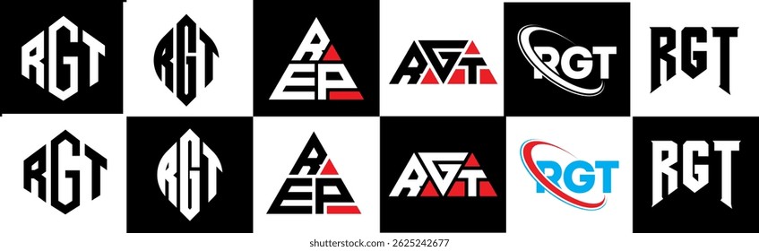 RGT letter logo design in six style. RGT polygon, circle, triangle, hexagon, flat and simple style with black and white color variation letter logo set in one artboard. RGT minimalist and classic logo