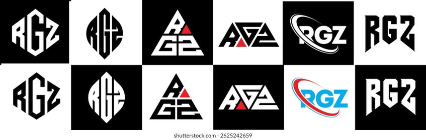 RGZ letter logo design in six style. RGZ polygon, circle, triangle, hexagon, flat and simple style with black and white color variation letter logo set in one artboard. RGZ minimalist and classic logo