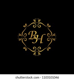 RH Initial logo. Ornament ampersand monogram golden logo black background