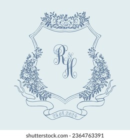 Cresta inicial del logotipo de la boda de RH. Ilustración vectorial de corte de bodas floral dibujada a mano.