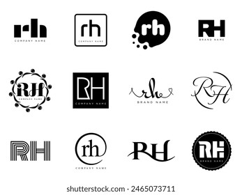 RH logo company template. Letter r and h logotype. Set different classic serif lettering and modern bold text with design elements. Initial font typography. Collection trendy business identity.
