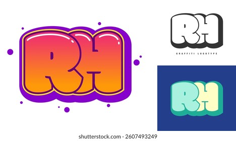RH logo design for festival or party. Initial letter r and h in graffiti style. Creative modern lettering company name of font typography. Kids trendy logotype or identity. Vector illustration.