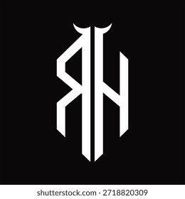 Monograma de logotipo RH com forma de chifre isolado modelo de design preto e branco sobre fundo preto