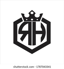 RH Logo monogram rounded by hexagon shape with crown design template on white background