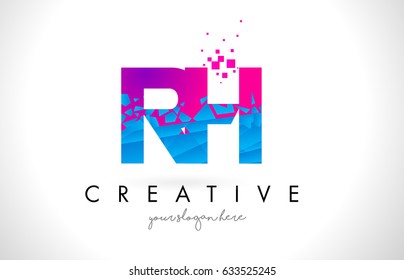 RH R H Letter Logo with Broken Shattered Blue Pink Triangles Texture Design Vector Illustration.