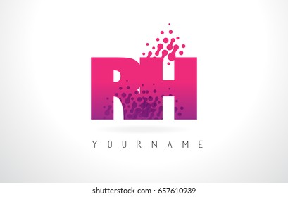 RH R H Letter Logo with Pink Letters and Purple Color Particles Dots Design.
