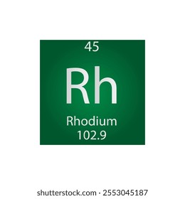 Tabla periódica de elementos químicos de metal de transición de rodio Rh. Ilustración vectorial cuadrada plana simple, icono de estilo limpio simple con masa molar y número atómico para laboratorio, ciencia o clase de química.
