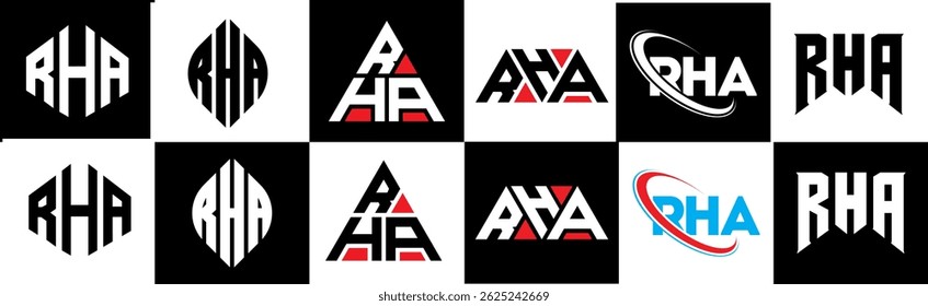 RHA Buchstaben Logo Design in sechs Stil. RHA Polygon, Kreis, Dreieck, Sechseck, flach und schlicht mit schwarz-weißem Farbvariationsbuchstaben Logo in einem Zeichenbrett gesetzt. RHA minimalistisches und klassisches Logo