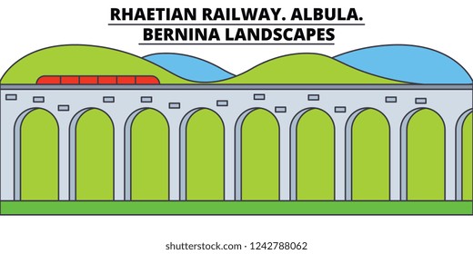 Rhaetian Railway. Albula - Bernina Landscapes line travel landmark, skyline, vector design. Rhaetian Railway. Albula - Bernina Landscapes linear illustration. 