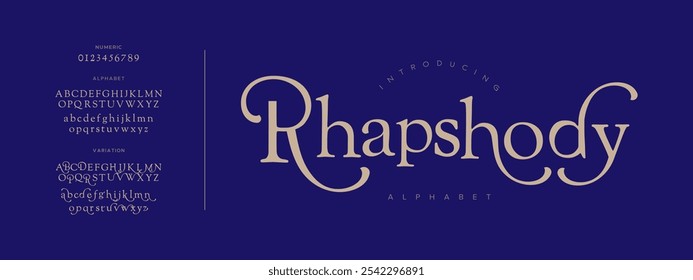 Rhapsody typography beauty fashion elegant minimalist serif italic fonts decorative wedding vintage retro logos. Minimal luxury font alphabet logo. Vector illustration