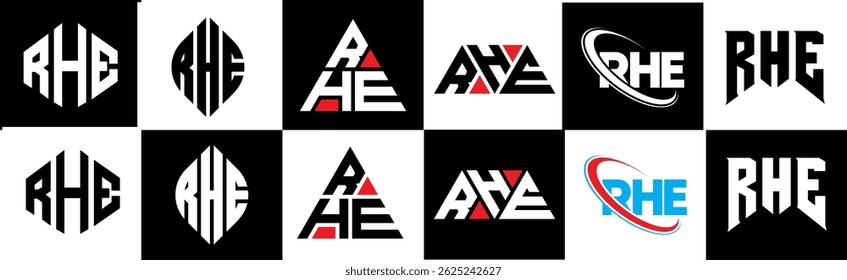 RHE letter logo design in six style. RHE polygon, circle, triangle, hexagon, flat and simple style with black and white color variation letter logo set in one artboard. RHE minimalist and classic logo