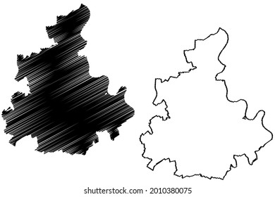 Distrito de Rhein-Kreis Neuss (República Federal de Alemania, Estado de Renania del Norte-Westfalia, NRW, región de Dusseldorf) mapa de ilustración vectorial, dibujo de garabatos Rhein Kreis Neuss mapa