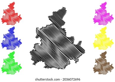 Distrito de Rhein-Kreis Neuss (República Federal de Alemania, Estado de Renania del Norte-Westfalia, NRW, región de Dusseldorf) mapa de ilustración vectorial, dibujo de garabatos Rhein Kreis Neuss mapa