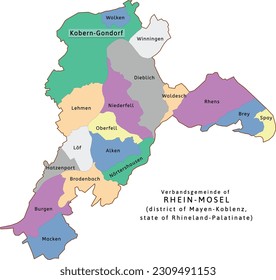 Rhein-Mosel verbandsgemeinde map of Mayen-Koblenz district Rhineland-Palatinate state in Germany. Vectored. Colors shamrock, concrete, polo blue, drover, orchid, silver, caramel