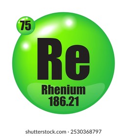 Ícone do Rênio. Re elemento químico. Número atômico 75. Massa 186,21. Esfera verde.