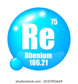 Ícone do Rênio. Re elemento químico. Número atômico 75. Massa 186,21. Imagem de esfera azul. Símbolo de vetor.