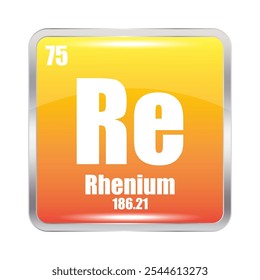 Ícone do Rênio. Re elemento químico. Número atômico 75. Massa 186,21. Imagem quadrada amarela. Símbolo de vetor.