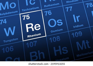 Rhenium on periodic table. Transition metal, named after the river Rhine, with element symbol Re and atomic number 75. One of the rarest elements in Earth crust, used in superalloys and as catalyst.