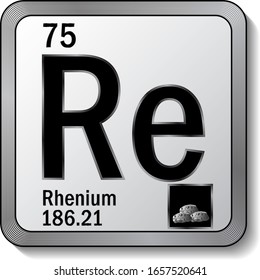 Rhenium or Re periodic table element icon on silver metallic button vector illustration. 3d sticker with soft shadow for chemical product label or digital web page graphic design element.