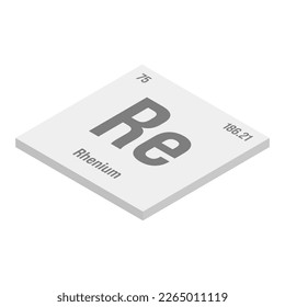 Rhenium, Re, gray 3D isometric illustration of periodic table element with name, symbol, atomic number and weight. Transition metal with various industrial uses, such as in superalloys, electrical