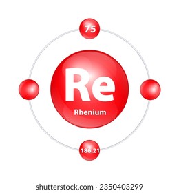 Rhenium (Re) Icon Struktur chemischen Element rund Form Kreis hellrot mit Surround-Ring. 3D-Illustrationsvektor. Die Periodenzahl zeigt den Energiegehalt von Elektron. Studienforschung für Bildung