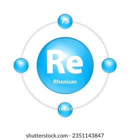 Rhenium (Re) Icon structure chemical element round shape circle light blue with surround ring. Period number shows of energy levels of electron. Study science for education. 3D Illustration vector.