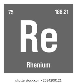 Rhenium, Re, periodic table element with name, symbol, atomic number and weight. Transition metal with various industrial uses, such as in superalloys, electrical contacts, and as a catalyst in