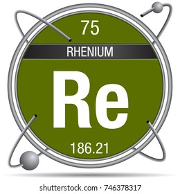 Rhenium symbol  inside a metal ring with colored background and spheres orbiting around. Element number 75 of the Periodic Table of the Elements - Chemistry 
