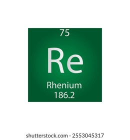 Tabla periódica del elemento químico del metal de transición del renio rojo. Ilustración vectorial cuadrada plana simple, icono de estilo limpio simple con masa molar y número atómico para laboratorio, ciencia o clase de química.