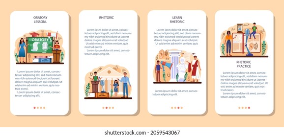Rhetoric class mobile application banner set. Students training public speaking and debates. Voice projection and speech improvement techniques. Isolated flat vector illustration