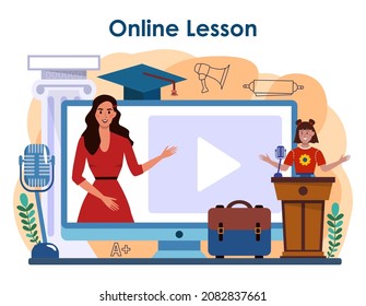 Rhetoric class online service or platform. Students training public speaking and debates. Speech improvement techniques. Online lesson. Flat vector illustration