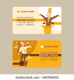 Rhetoric coach set of business cards vector illustration. Public speaking. Speaker, lecturer or leader standing at tribune leading presentation, training, debates, oratory.