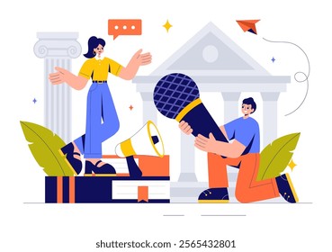 Rhetoric or Elocution School Class Illustration Featuring Hand Gestures, Voice Training, and Speech Improvement for Persuasion Skills Development