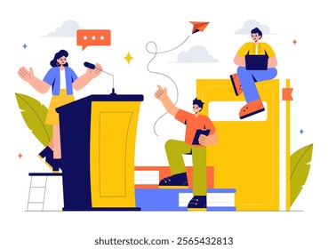 Rhetoric or Elocution School Class Illustration Featuring Hand Gestures, Voice Training, and Speech Improvement for Persuasion Skills Development