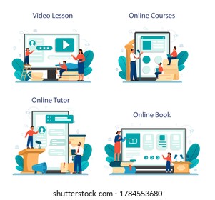 Rhetoric or elocution school class online service or platform set. Voice training and speech improvement. Online book, course, tutor, video lesson. Isolated flat vector illustration