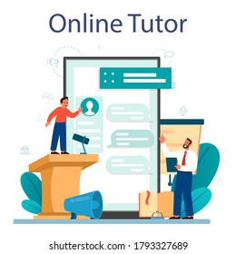 Rhetoric or elocution school class online service or platform. Voice training and speech improvement. Public speaking and voice projection techniques. Online tutor. Isolated flat vector illustration