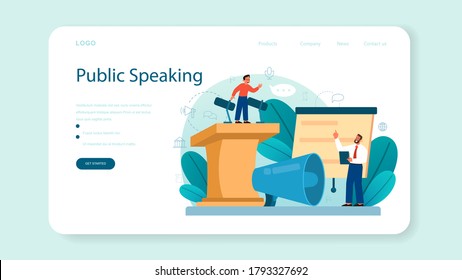 Rhetoric Or Elocution School Class Web Banner Or Landing Page. Voice Training And Speech Improvement. Public Speaking And Voice Projection Techniques. Isolated Flat Vector Illustration