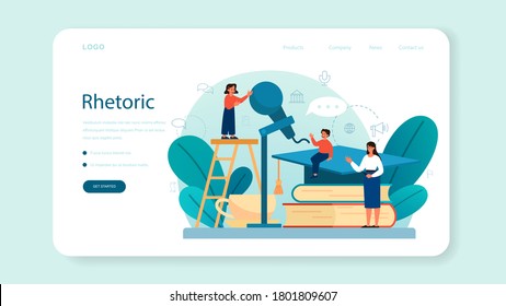Rhetoric or elocution school class web banner or landing page. Voice training and speech improvement. Public speaking and voice projection techniques. Isolated flat vector illustration