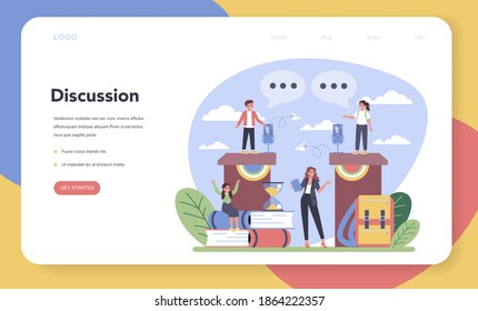 Rhetoric or elocution school class web banner or landing page. Voice training and speech improvement. Public speaking and voice projection techniques. Isolated flat vector illustration